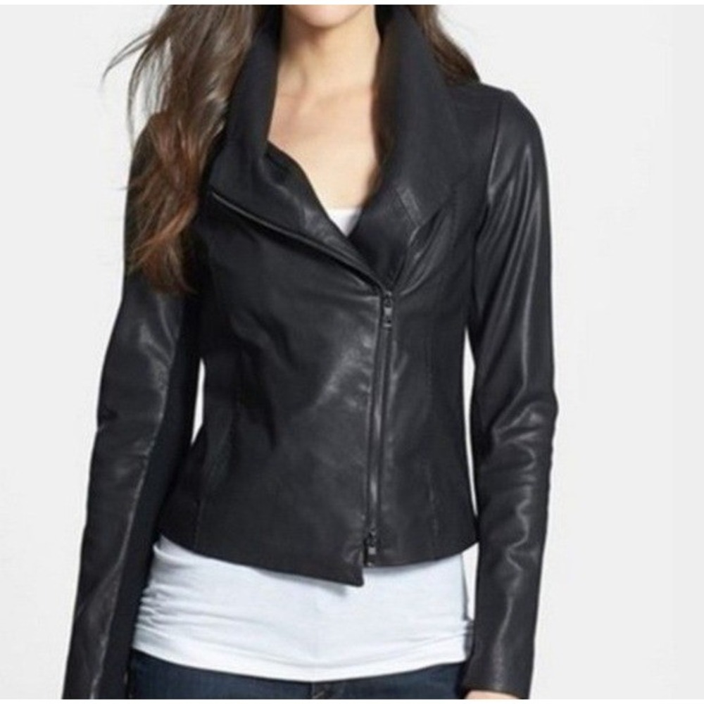 Vince Scuba Leather Jacket Black Asymmetrical Zip Funnel Neck Moto Large